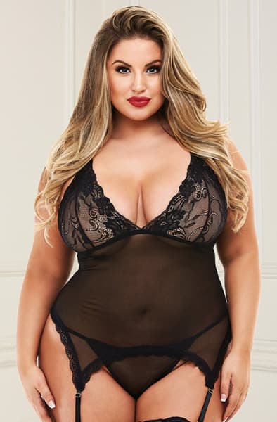 Baci Lingerie 2-pcs Lace & Mesh Chemise Garterset Queen Size Teddy
