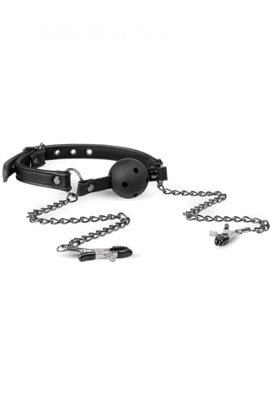 Easytoys Open Ball Gag With Nipple Clamps Gagball med bröstklämmor